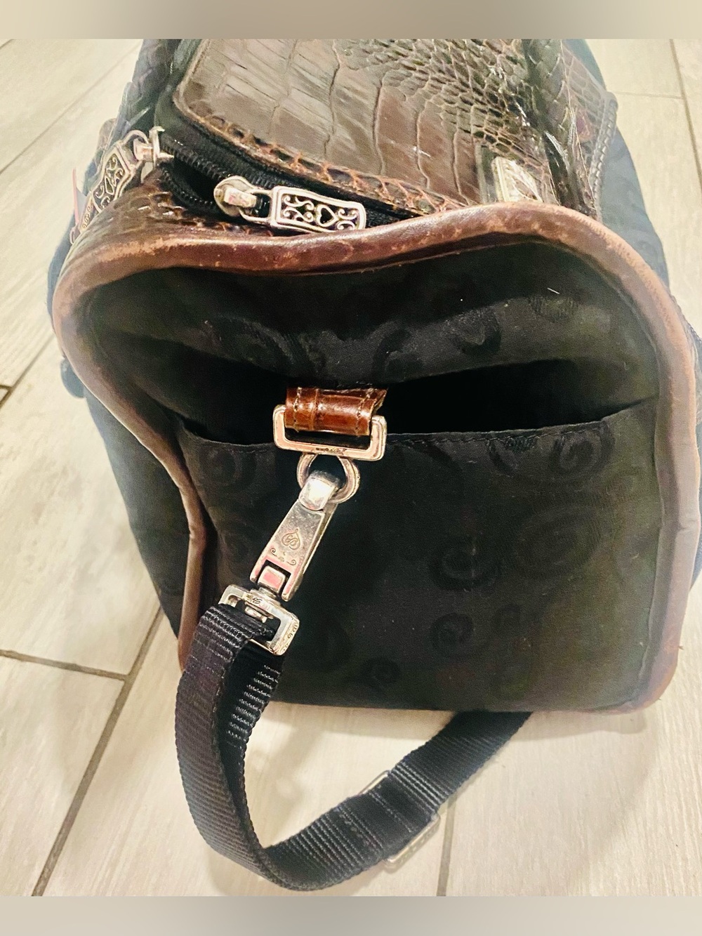 Vintage Brighton Lansky croc-embossed leather and fabric travel weekender bag - Picture 4 of 14